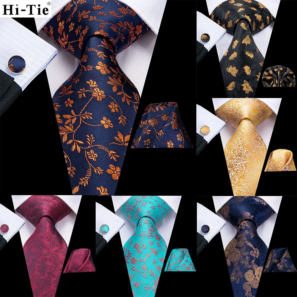 Hi-Tie Designer Mens Gift Navy Blue Burgundy Floral Silk Wedding Tie For Men Hanky Cufflink Tie Set Business Party Dropshipping