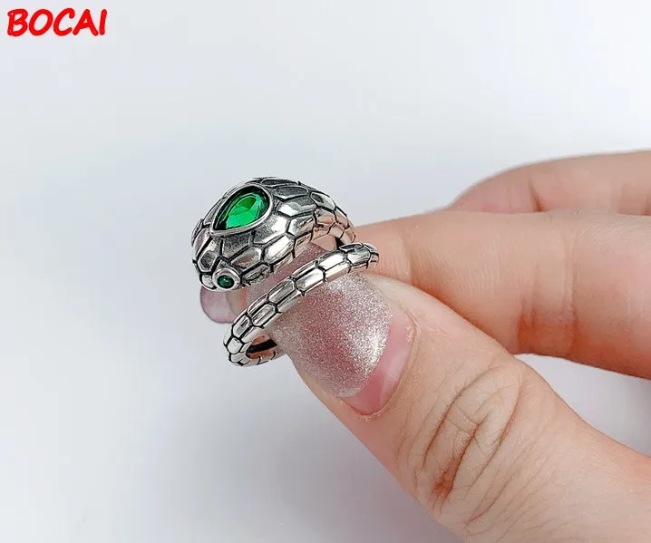 New s925 silver Thai silver retro snake ring female fashion snake-shaped opening emerald ring