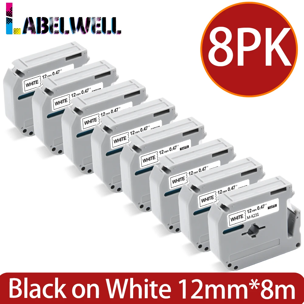 Labelwell 8Pack MK231 12mm M-K231 MK 231 Black on White Label Tape Compatible for Brother MK-231 P-touch Printer Pattern Ribbon