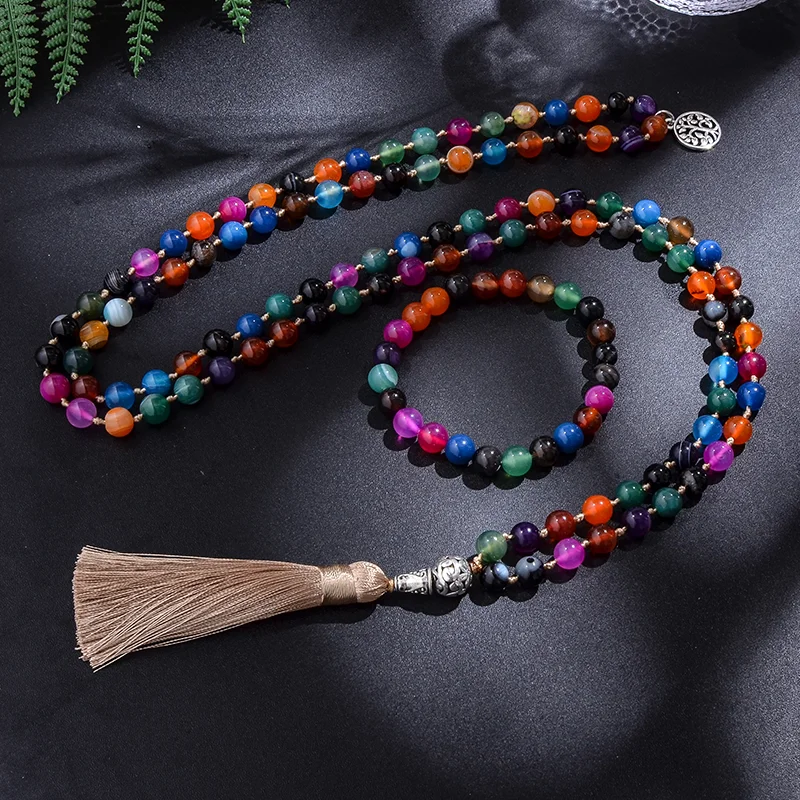 8mm Colored Striped Agate Bead Knot 108 Mala Necklace Meditation Yoga Prayer Jewelry for Men and Women