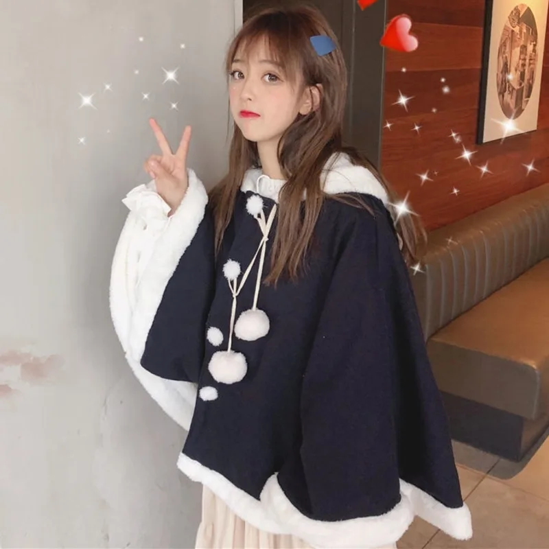 Autumn Winter Kawaii Women Oversized Cloak Lovely Overcoat Fleece Edge Cape Japanese Style Mori Girl Rabbit Ear Hooded Outerwear