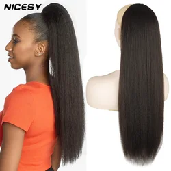 NICESY extensión sintético de cabello rizado, coleta recta larga con cordón de 24 pulgadas, Clip Yaki con peine de banda elástica