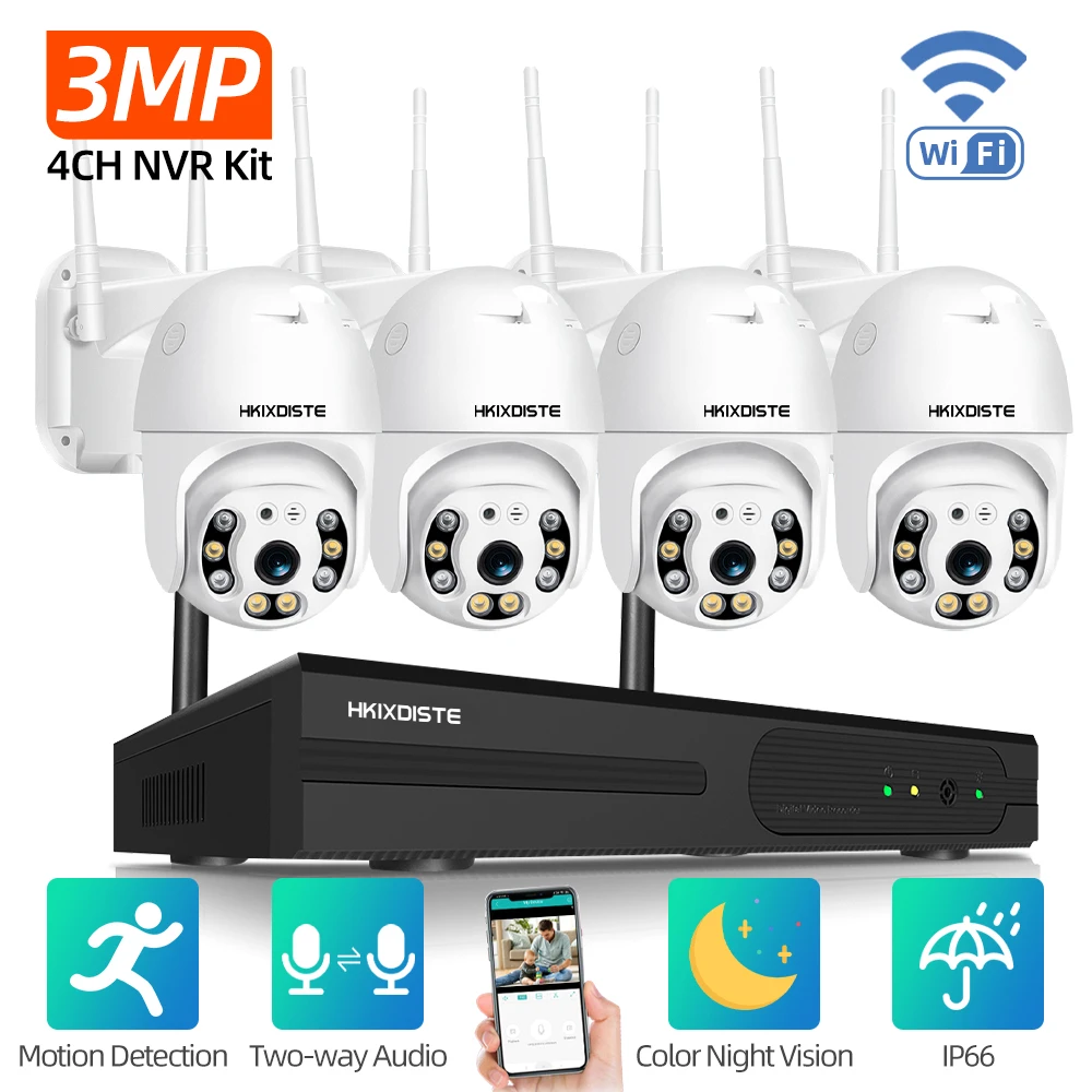 

3MP HD Wireless CCTV System Two Way Audio Waterproof PTZ WIFI IP Security Camera 4CH P2P NVR Video Surveillance Kit APP Remote