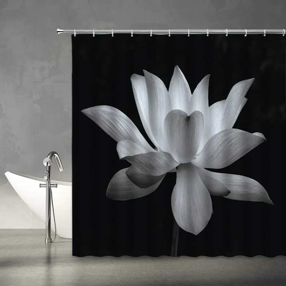 

Lotus Shower Curtains Black White Flower Floral Modern Simple Unique Art Print Women Girls Home Fabric Bathroom Decor with Hooks