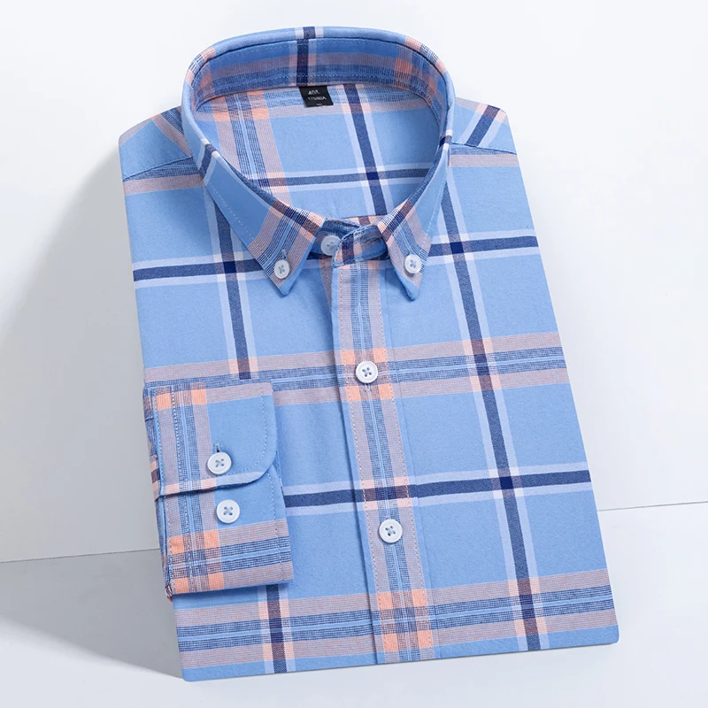 Plaid Causal Shirts Oxford Men Stylish Full Sleeve 100% Cotton Striped Pocket Button Standard-fit Daily Soft Checked Dress Shirt