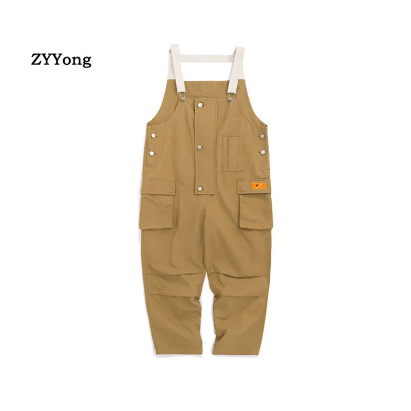 Cotton Blue Khaki Loose Overalls Men Jumpsuit Boy Bib Japanese Style Hip Hop Streetwear Rompers Cargo Pants Big Pocket Trousers