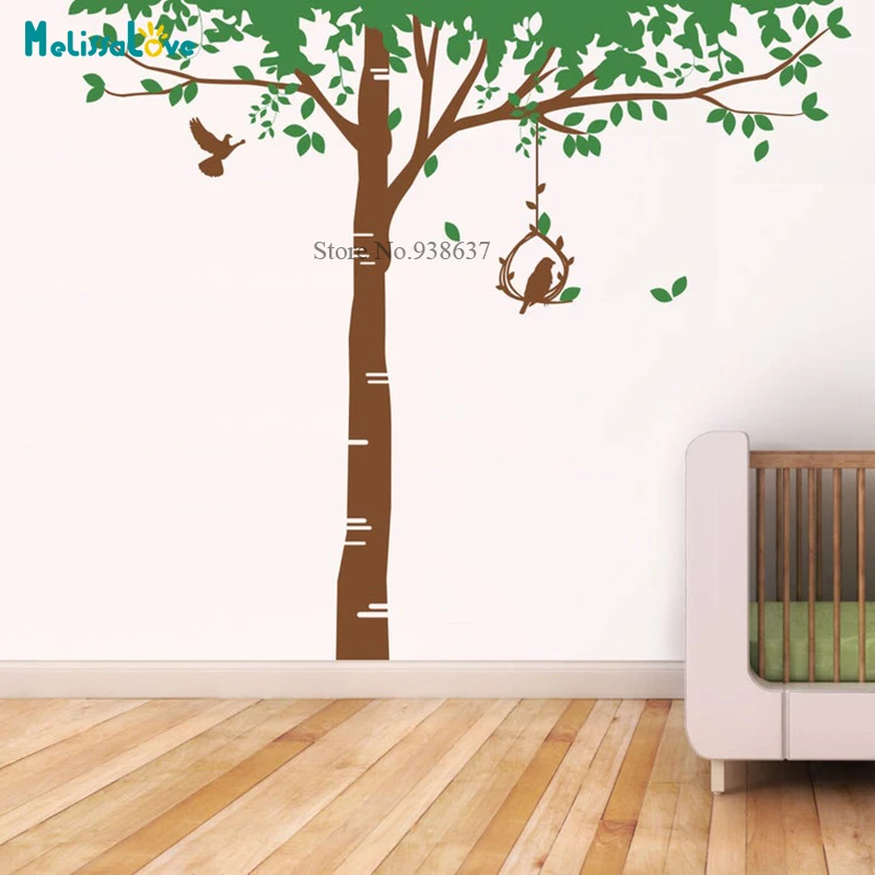 Nursery Tall Birch Tree With Birdcage birds Wall Art Mural Sticker Decals Removable Vinyl Wallpaper Home Playroom Decor BB757