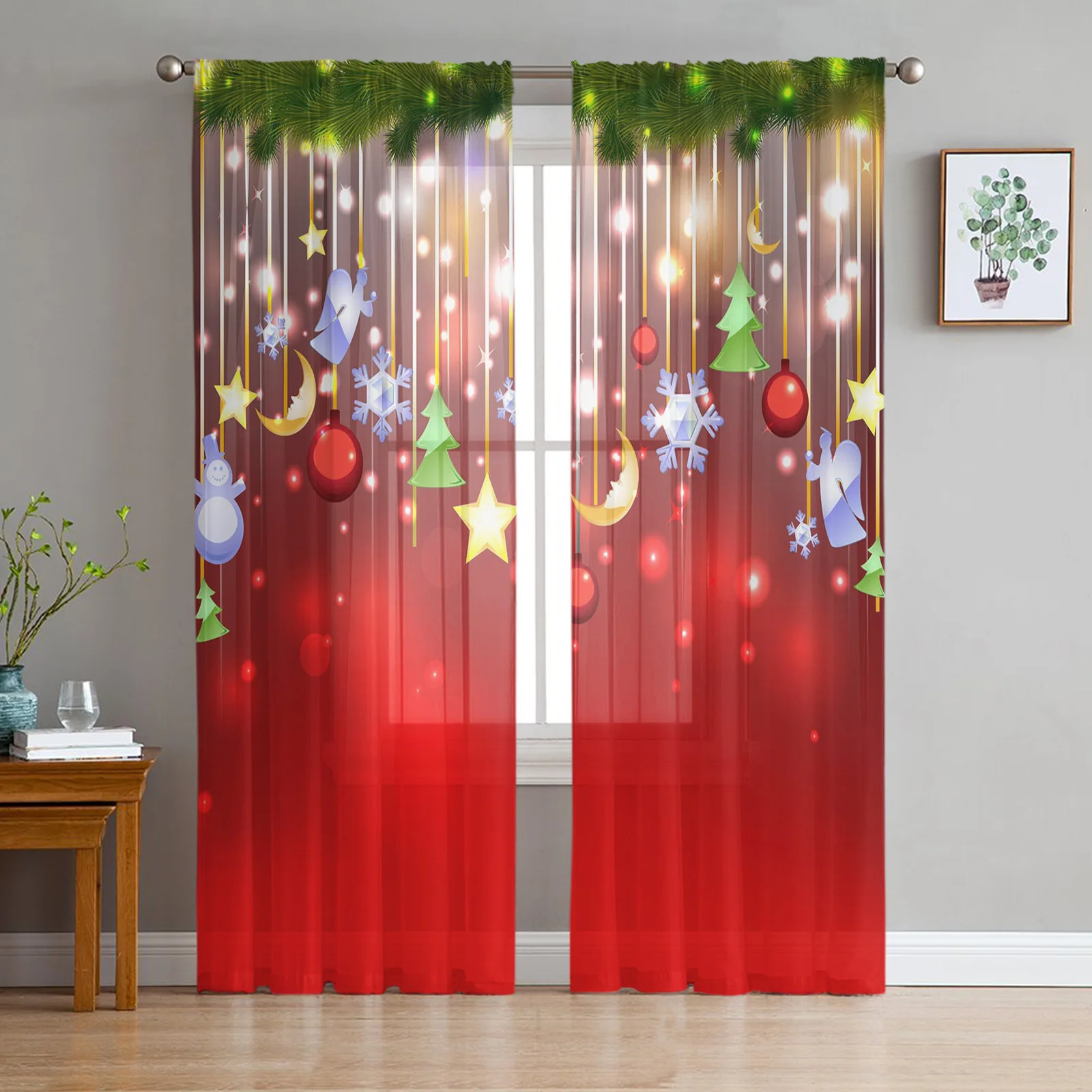 Christmas Ball Stars Christmas Tree Sheer Curtains Home Decorations Window Tulle Curtains For Living Room Bedroom Kitchen