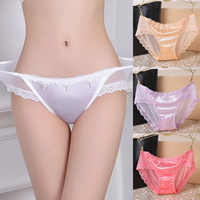 New Women Silk Satin Seamless Lingerie Lace Briefs Lady Sexy Panties Breathable Fashion Underwear