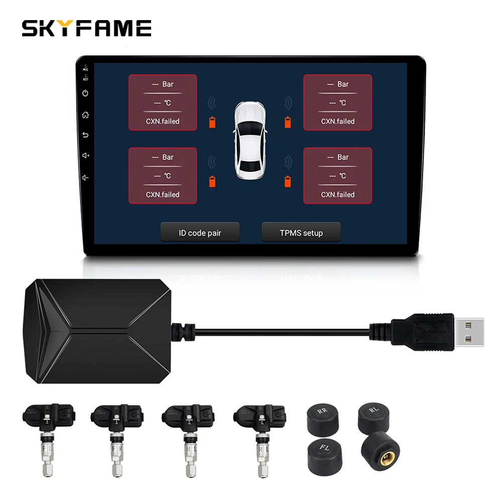 SKYFAME أندرويد TPMS للسيارة أندرويد Big Scerren نظام مراقبة ضغط الإطارات الاحتياطية الإطارات الداخلية الاستشعار الخارجي USB TMPS