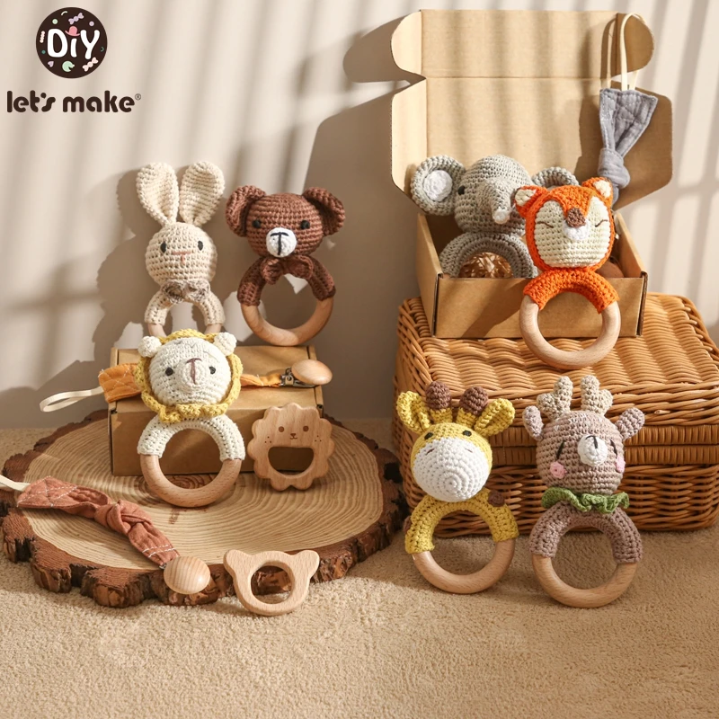 

Let's Make Cartoon Baby Rattle Set Crochet Animal Rattle Beech Wood Pacifier Chain Clip BPA Free Baby Teething Toy Wood Teether