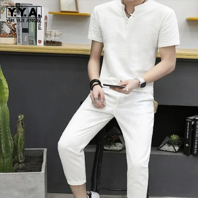 Comfortable Summer V Neck Solid Cotton Linen Retro Short Sleeve Loose Fit Fashion Clothes Sets Slim Fit Trouser For Men Sets