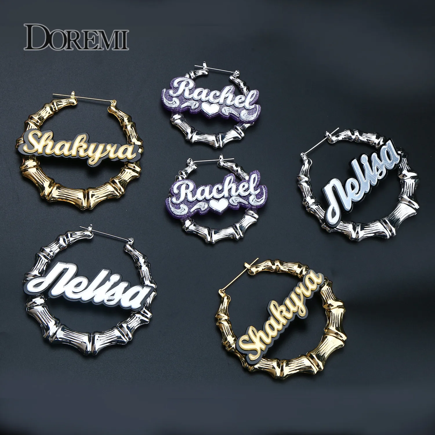 DOREMI Trendy Acrylic Custom Name Earrings Stainless Bamboo Hip Hop Round Earring Female Personality Color Acrylic Earrings Gift