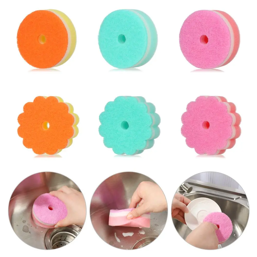 Home Random Color Tableware Sponge Brush Flower Scouring Pads Dishwashing Sponge Round Shape