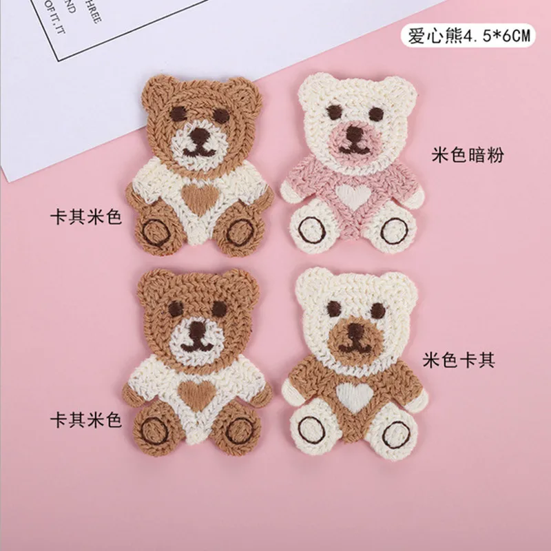 4 pçs lã tricô bordado urso adesivos remendos em roupas diy artesanal cocar bb clipe de pano têxtil adesivos accessorie