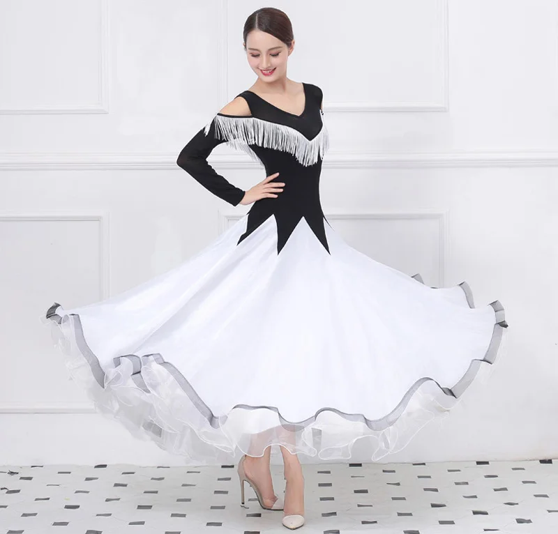 Tiêu Chuẩn Phòng Khiêu Vũ Điệu Nhảy Đầm 2023 Phụ Nữ Tango Flamenco Waltz Nhảy Múa Váy Nữ Cổ Chữ V Tua Rua Bóng Thi Đấu Áo