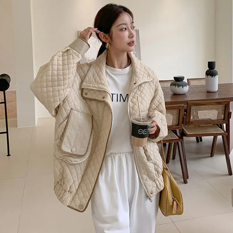 2024 winter new small fragrance wind ringed cotton-padded jacket down jacket women wear wind spell leather jacket light jacket
