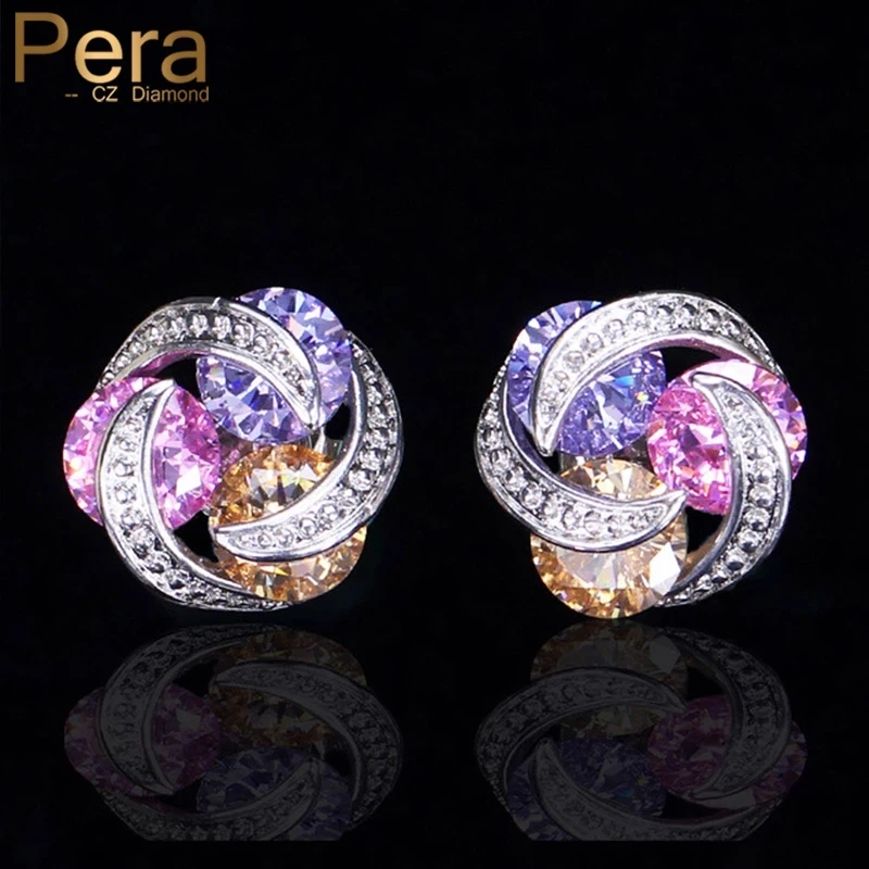 Pera Fashion Rotating Design Ear Cute Jewelry Geometric 3 Round Pink Yellow Purple Crystal Women Prom Party Stud Earrings E333