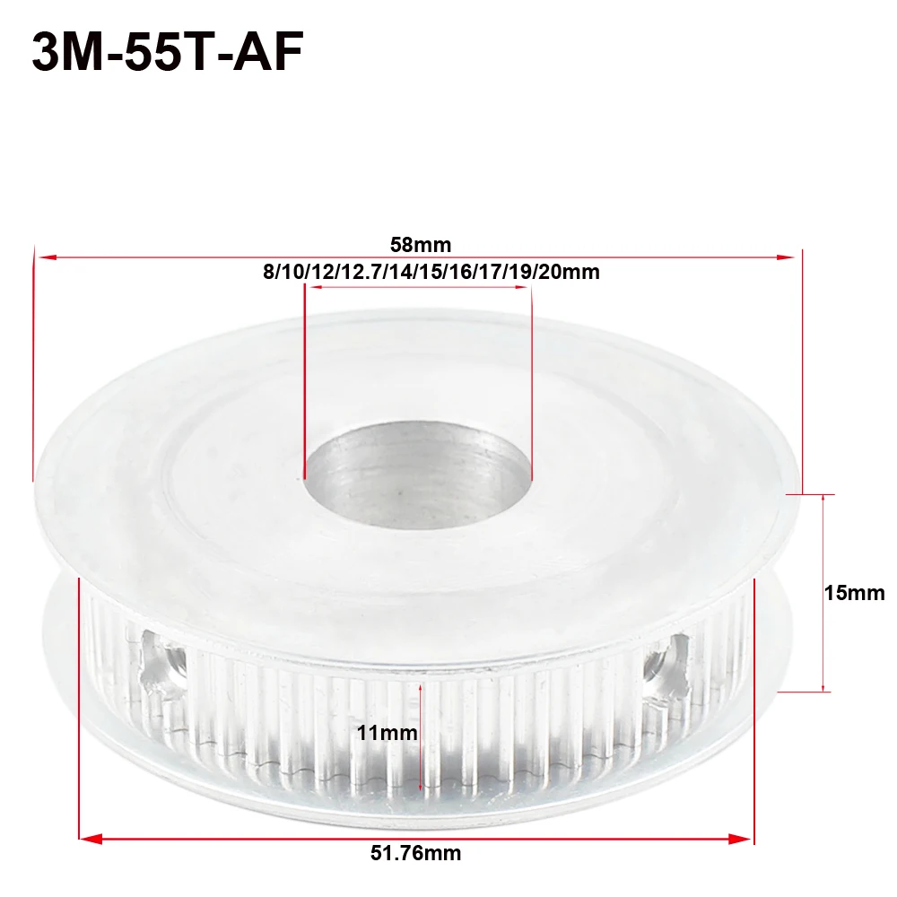 HTD3M 55T Tooth Belt Pulley 8/10/12/14/15/19/20mm Inner Bore 11/16mm Width Aluminium Alloy Wheel Pulley for 3D Printer