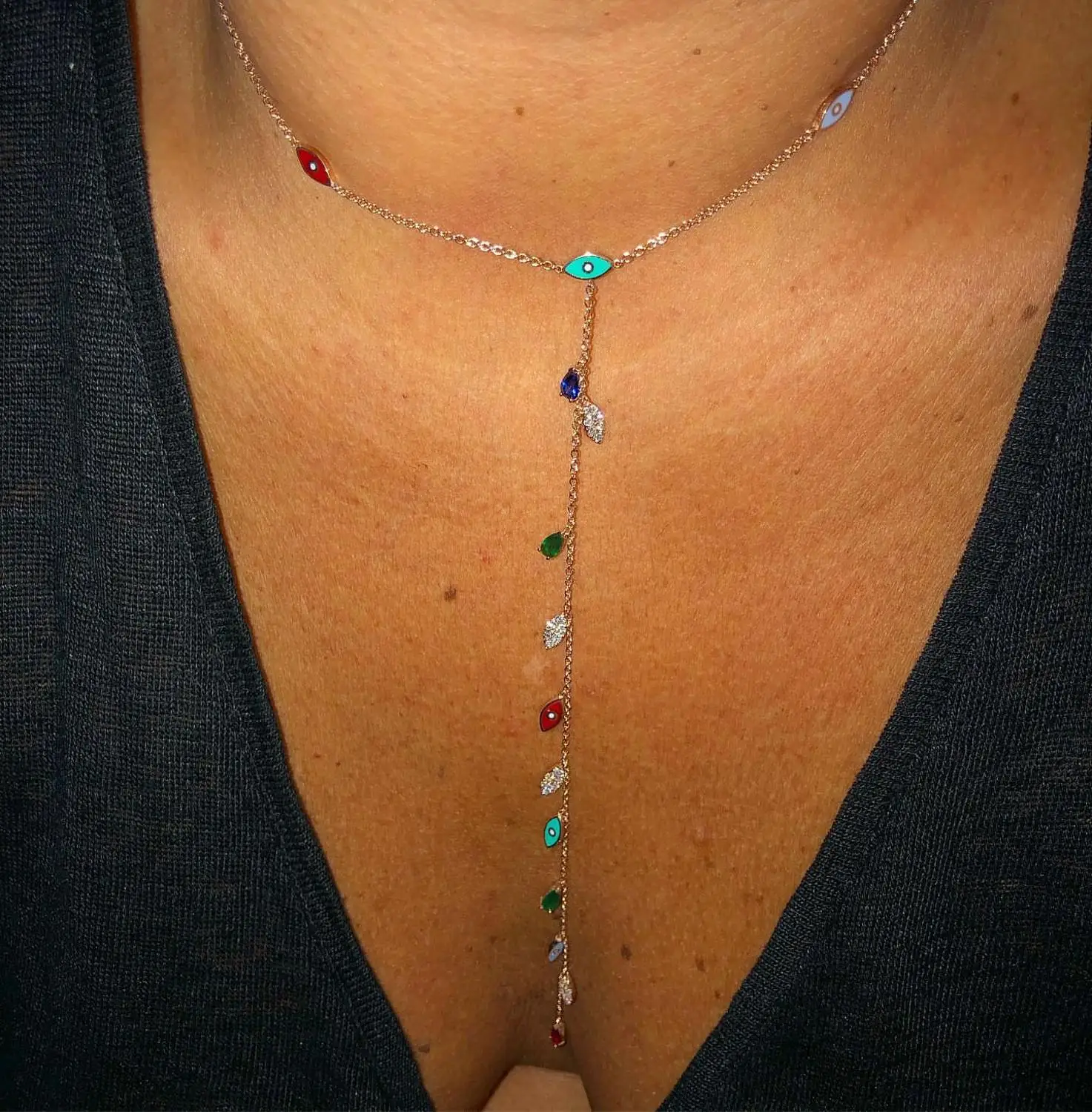 Collier à breloques en Y Lariat CZ Evil Eye pour femmes, bijoux turcs mignons colorés, or rose, document argenté, long, sexy