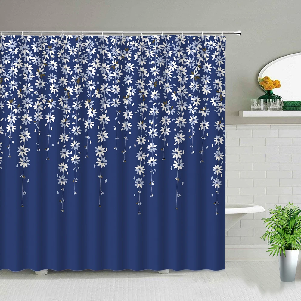 Hot Sale Fabric Shower Curtain Set Blue And White Fashion Bathroom Decor With Hooks Waterproof Wall Hanging Curtains Polyester