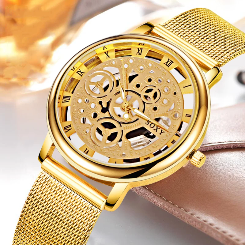 Pop Plush Skeleton Watch Men Women Wrist Watch Vogue Watch Homme Pop Gold Wrist Watch Men of Steel Mesh men see reloj mujer