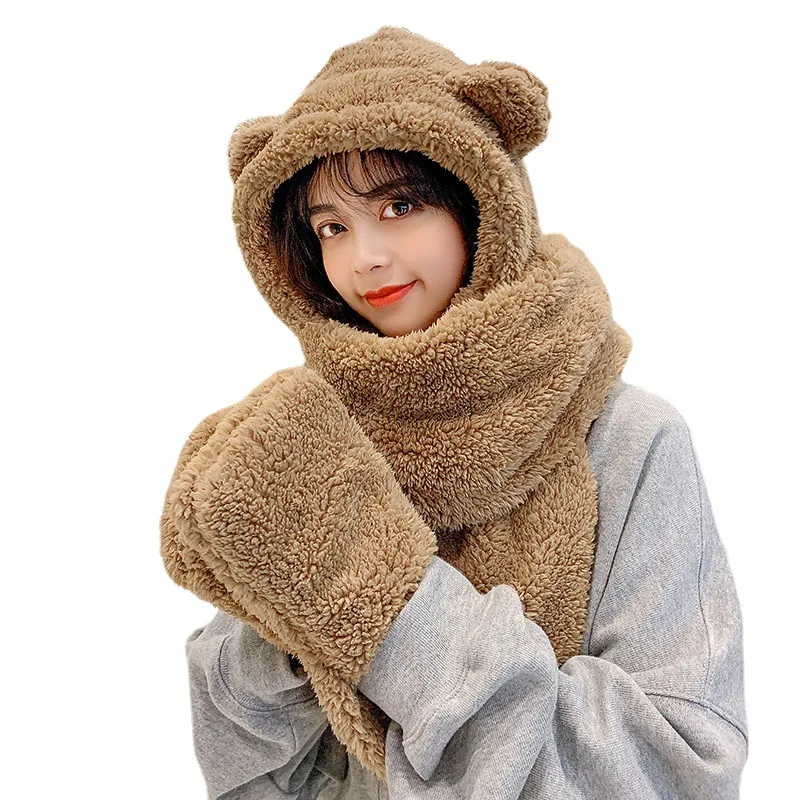 Lamb Wool Winter Beanie Hats For Women Girls Scarf Gloves One Piece Warm And Cold Ear Protection Cotton Cap Female Cute Bear Hat