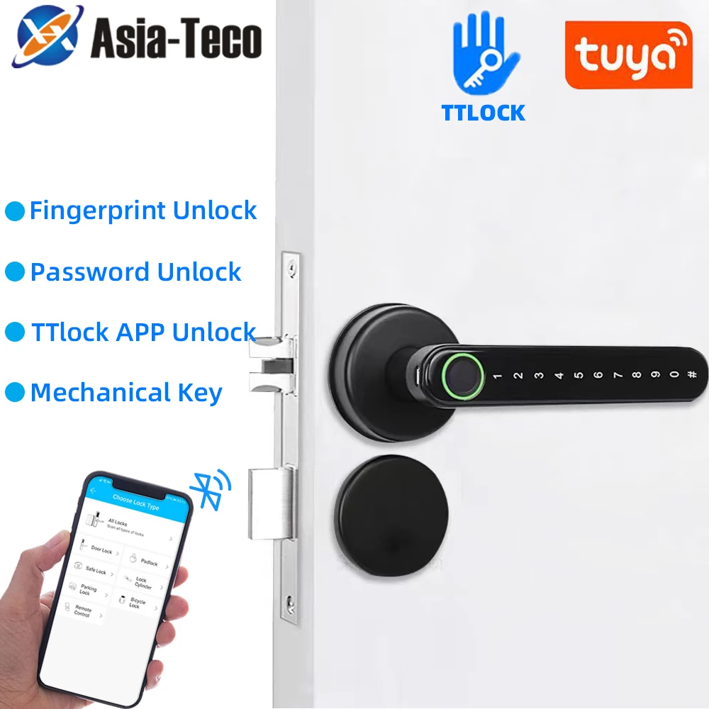 TTLock Smart Bluetooth Fingerprint Lock Biometric Password Code Door Lock with Electronic Handle - APP Controlled Home Security