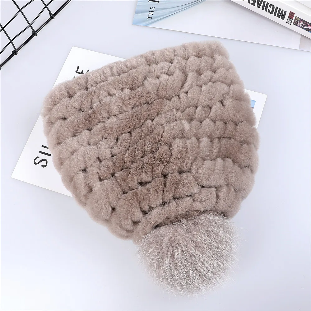 European Station Luxury Women's Real Rex Rabbit Fur Beanie Hats Lady Winter Warm Bucket Cap With Fox Fur Pom Poms Solid Color