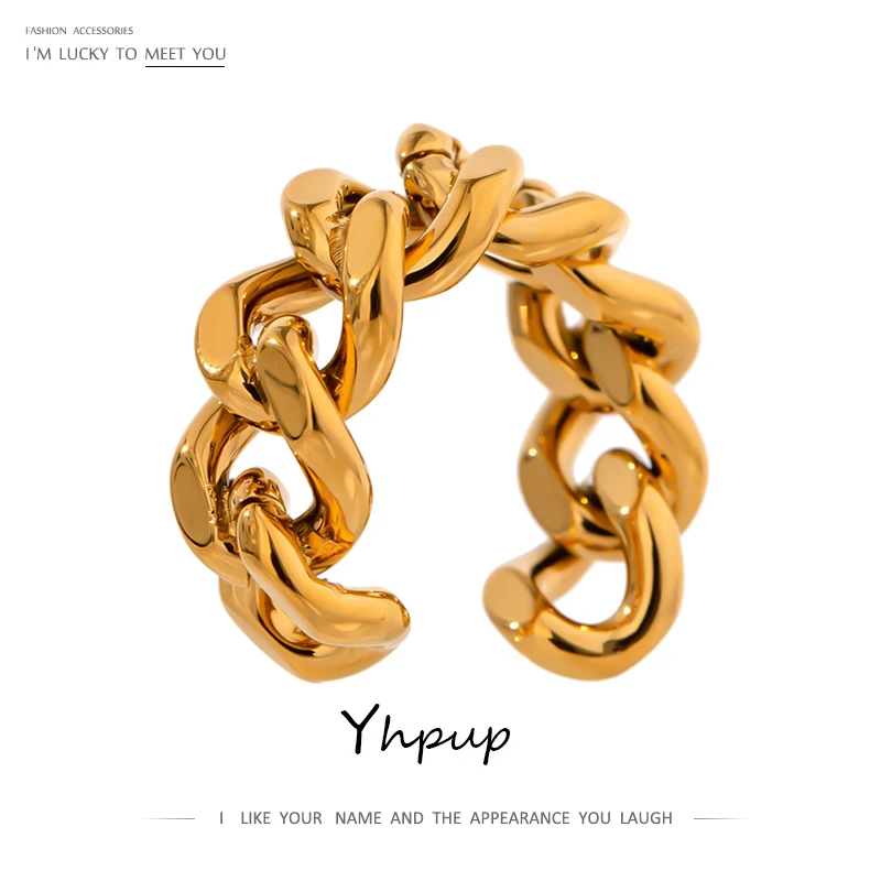 Yhpup Trendy Chain Opening Ring Stainless Steel Jewelry Statement Golden Metal Texture High Quality Finger Anillos Mujer New