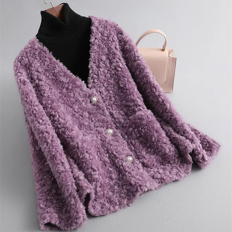 

New Designer Women's V-neck Wool fur leather coat High quality elegant jackets C777