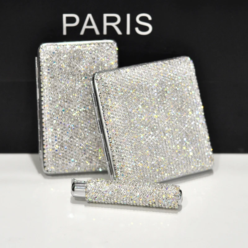 Luxury Crystal USB Charging Lighter Double-sided Diamond No gas Electric Lighters Rhinestones Cigarette Case Holder for Women