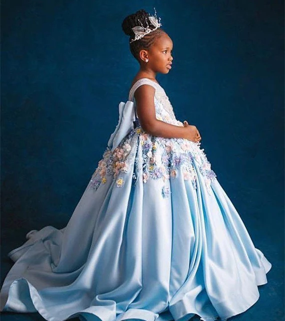 Robes de demoiselle d honneur bleu ciel pour petits enfants robe de Rh n ud papillon floral 3D princesse perlee col en V robe de reconstitution historique pour la fete AliExpress