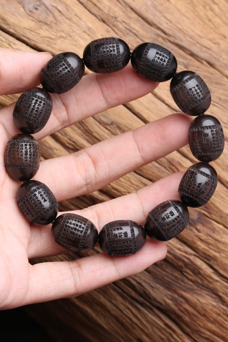 Natürliche Ebenholz Armband Olive Förmigen Schwarzen Holz Tibetischen Buddhistischen Perlen Sechs-Charakter Mantra Glück Armband – Detail 1