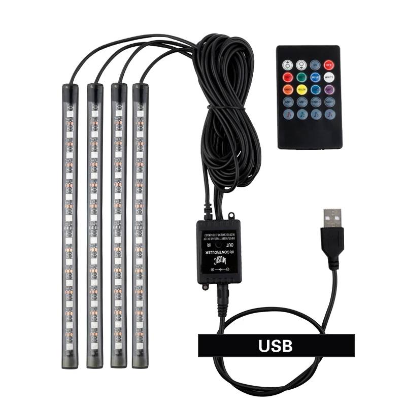 Auto LED RGB Interior Atmosphere Strip Light Decorative Foot Lamp With USB Wireless Remote Music Control Multiple Modes For Car