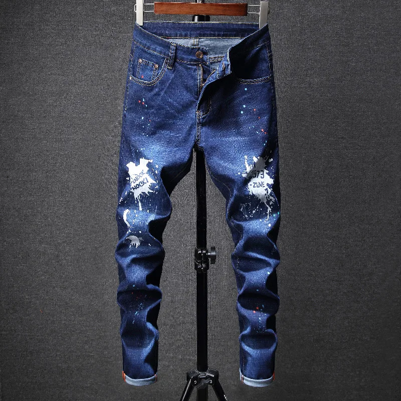 New Men's Dark Blue Jeans Artificial Paint Spraying Men's Pencil Pants Tight Stretch Denim Trousers Fashion Trendy Pants