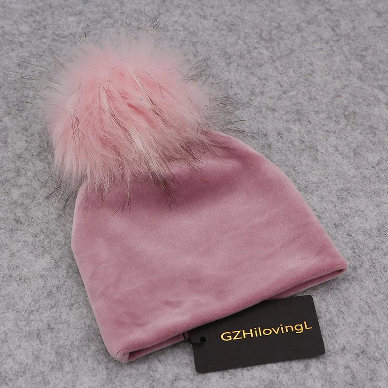 Autumn Winter Thicker Warm Velvet Childs Kids Faux Fur Pompom Beanies Hats 2018 Soft Newborn baby Boys Girls Toddler Cotton Hats