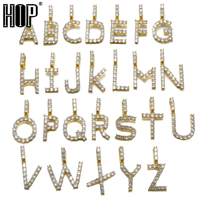 Hip Hop A-Z Zircon Initial Tennis Letter Name Necklaces & Pendants For Men/Women Gold Silver Color With Rope Chain