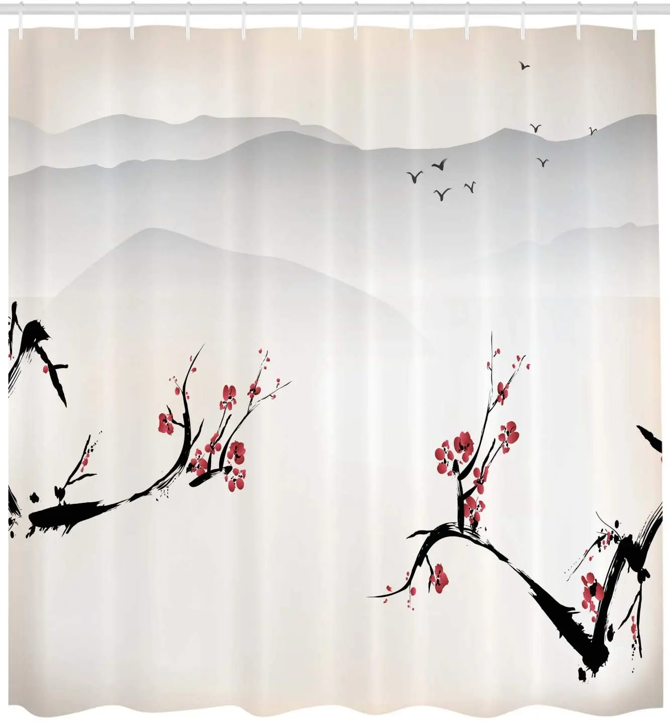 Asian Shower Curtain Japanese Nature Landscape National Sakura Flower Over Himalayas and Flying Gulls Bathroom Decor Set