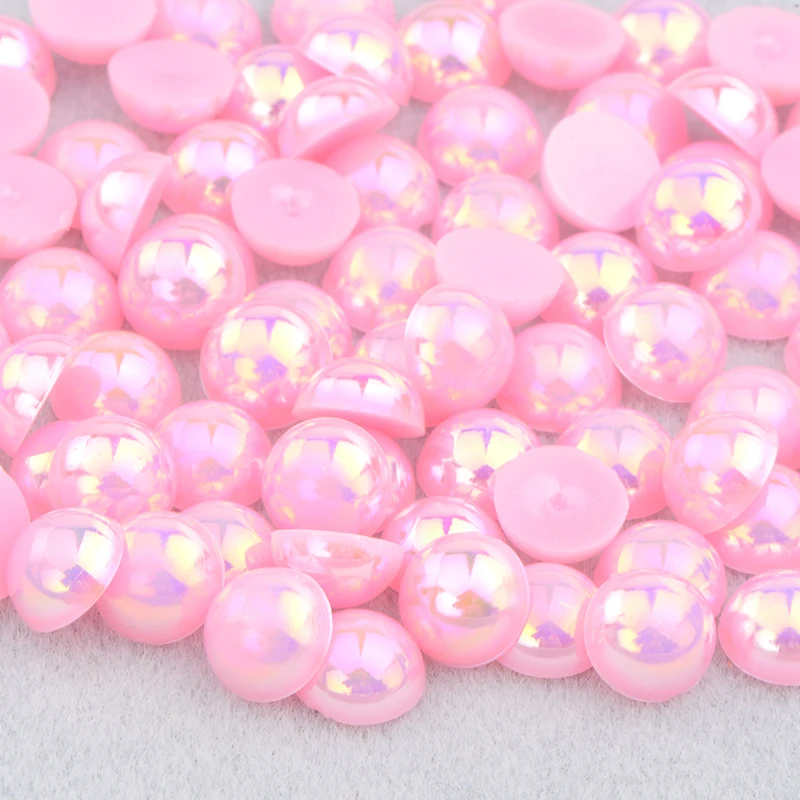 JUNAO 6 8 10 12mm White AB Half Round Pearl Rhinestone Stickers Flatback Imitation Pearls Applique for DIY Decoration