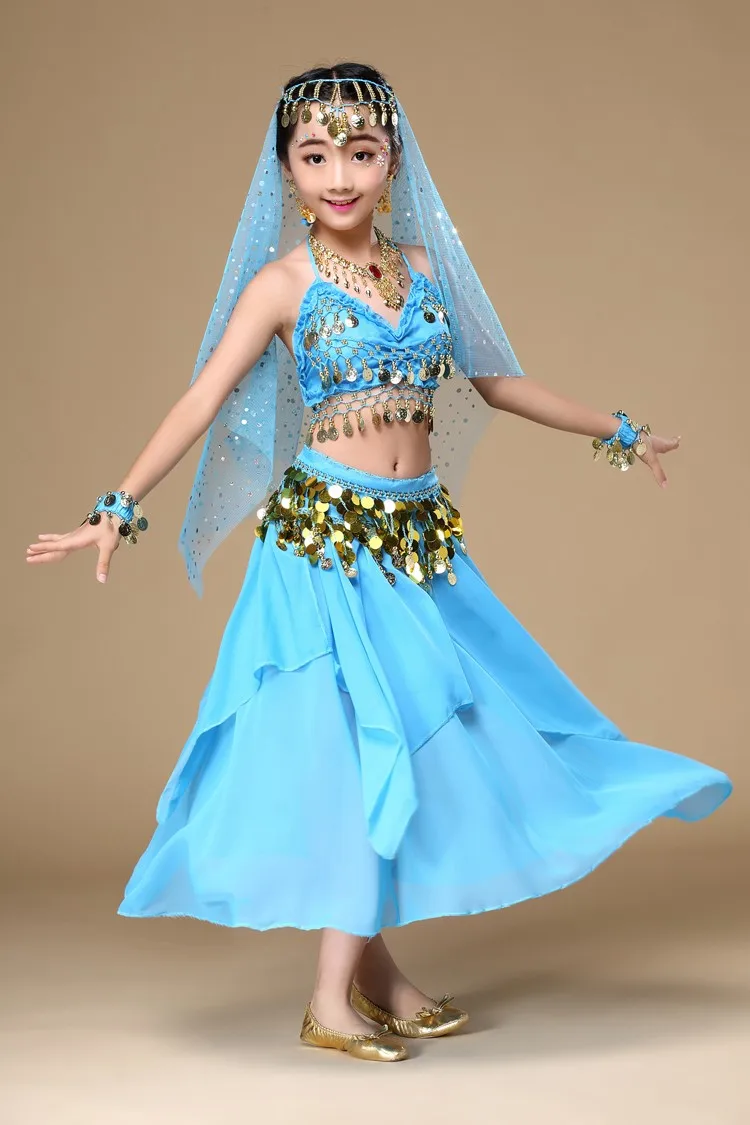 Costumes de danse du ventre pour filles, jupe de danse sur scène indienne, ensemble de vêtements pour enfants Bollywood, 4 pièces