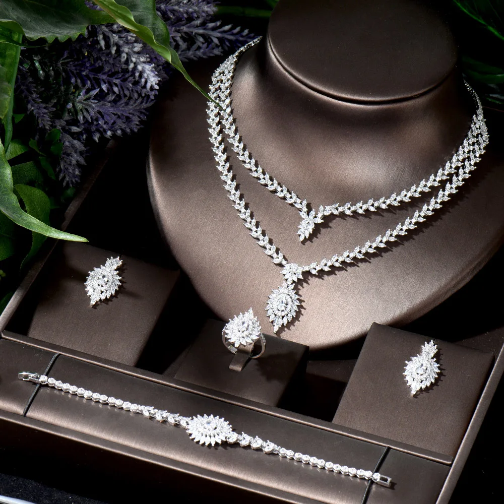 

HIBRIDE Exclusive 4PCS Bridal Nigerian Necklace and Earring for Women Party Luxury Dubai CZ Crystal Wedding Jewelry Sets N-1038