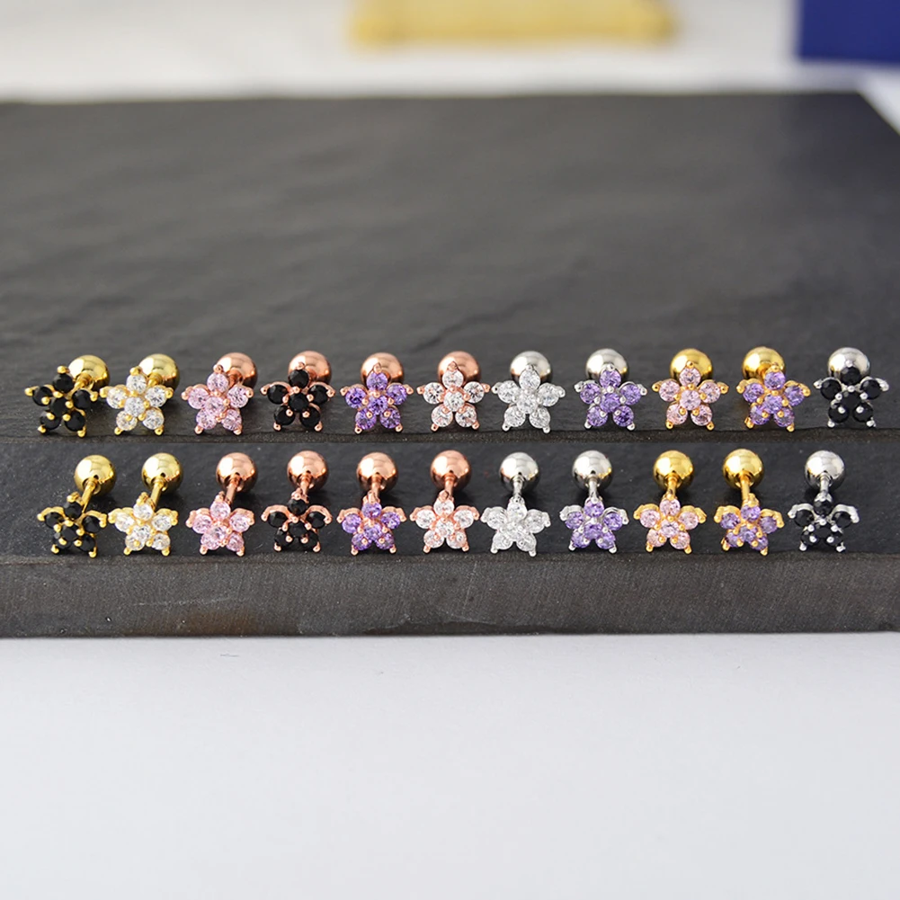 Trendy 1 Pcs Crystal Flower Cartilage Earring Stainless Steel Zircon Stud Earrings Cute Tragus Ear Stud Piercing Body Jewelry