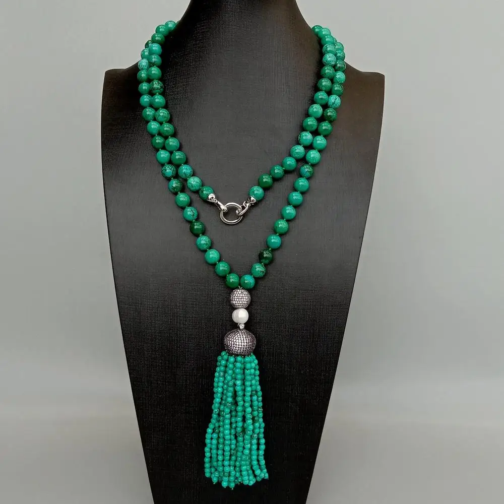 

Y·YING Green Turquoise Long Necklace Cubic Zirconia Pave Pave Cap Tassel Mala 42"