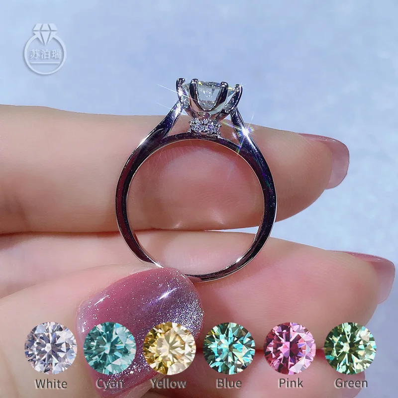 

Genuine GRA Moissanite Rings 0.5-1.0 Carat Color Blue Cyan Pink Yellow Green Simulation Diamond Ring Band S925 Sterling Silver