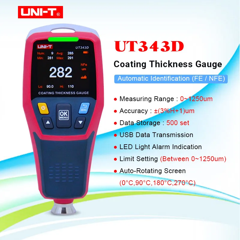 

UNI-T UT343D Digital Coating Thickness Gauge Car Paint Thickness Meter Paint Thickness Tester with USB Data Function 0-1250um