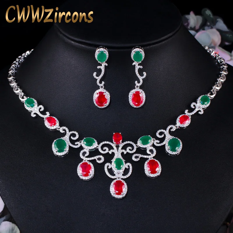 CWWZircons Vintage African Green Red Cubic Zirconia Wedding Necklace and Earrings Brides Jewelry Set Costume Accessories T463