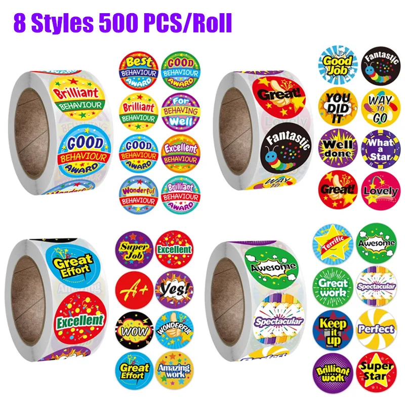 500Pc/Roll 8 Styles Cute Cartoon Reward Stickers For School Teacher Student Motivation Encouragement Sticker Scrapbooking Labels