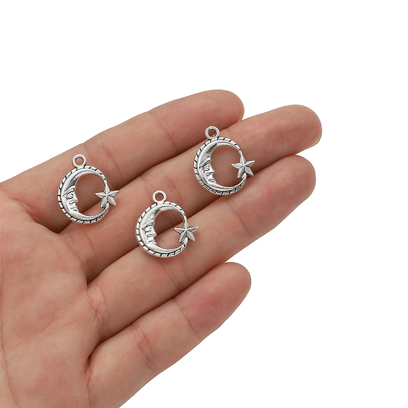 10pcs 19x16mm Antique Silver Color Moon Star Charms Pendants Tibetan Handmade Jewelry DIY Crafts Findings