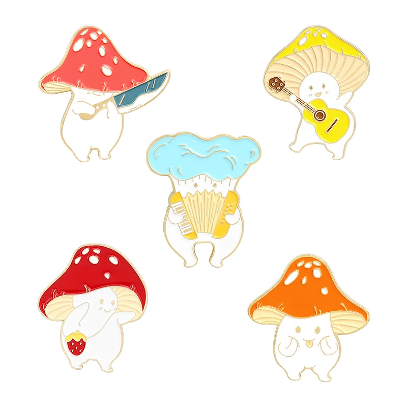 Cartoon Plant Mushroom Enamel Pins Custom Funny Guitar Accordion Brooches Bag Lapel Pin Cute Badge Jewelry Gift for Kids Friends